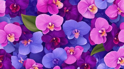 Fototapeta premium Seamless pattern of exotic purple and fuchsia orchids with flowing petals, elegant floral design, perfect repeat tile, high quality 