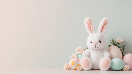 Cute White Plush Easter Bunny with Pastel Eggs and Flowers
