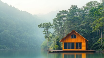 Fototapeta premium Tranquil wooden cabin on a serene lake nestled in a misty mountain valley