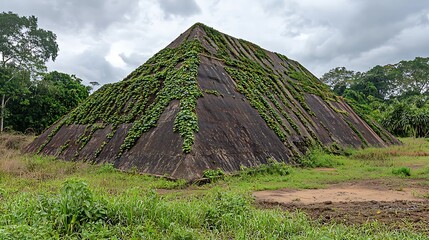 Overgrown stone pyramid in lush jungle.