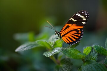 Fototapeta premium A delicate butterfly with vibrant orange and black wings rests gracefully on a lush, green plant. The macro shot captures the intricate details of its delicate form.