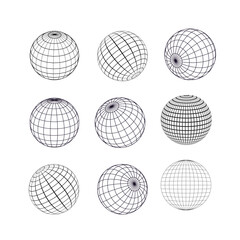 "A collection of abstract globe grid spheres representing global connectivity, digital networks, and futuristic technology. Ideal for concepts related to worldwide communication, data transfer, and mo