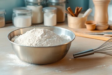 Fototapeta premium A rustic kitchen, steel mixing bowl, a bag of flour, baking powder, baking soda, salt, cinnamon, and nutmeg. Generative AI