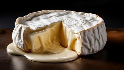 Creamy camembert cheese melting on dark background