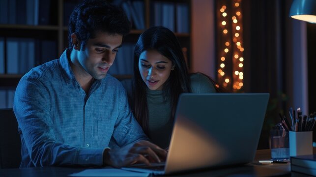 Professional indian teacher, executive or mentor helping latin student, new employee, teaching intern, explaining online job using laptop computer, talking, having teamwork discussion in office.
