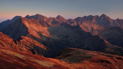 Naklejka premium Panoramic view of Mountains at sunrise with red-orange rock peaks and golden light.