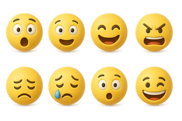 3d emoji icon set: expressive faces in vibrant yellow on gold background