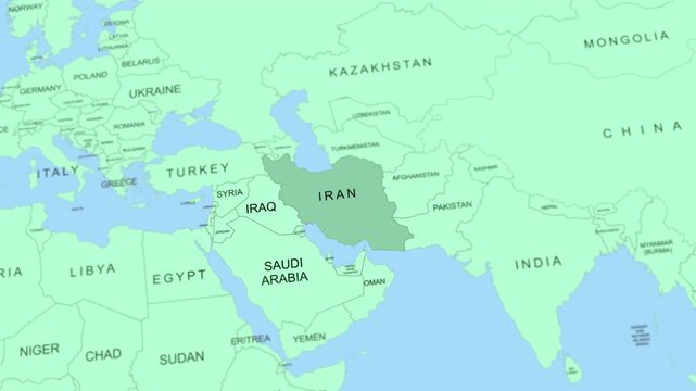 Iran on world map animated, slow movement, 4K.