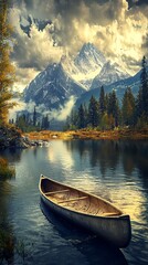 Obraz premium Serene landscape with a wooden canoe on a tranquil lake reflecting mountain peaks