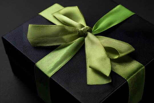 An elegant gift box, presented with a sleek black exterior and adorned with a vibrant green ribbon, creating an atmosphere of anticipation and luxury.
