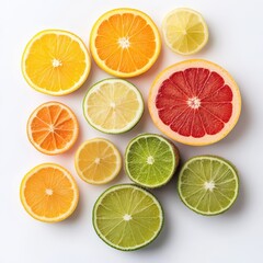 Obraz premium Colorful fruit slices flat lay white background food photography bright and fresh top view healthy lifestyle inspiration