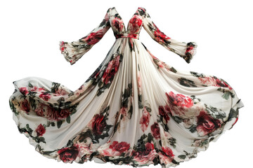 Stylish long sleeve dress with floral pattern isolated on white background for modern fashion themed visuals