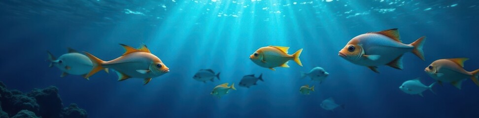 Fototapeta premium School of fish swimming beneath the dark blue surface, marine life, blue, water