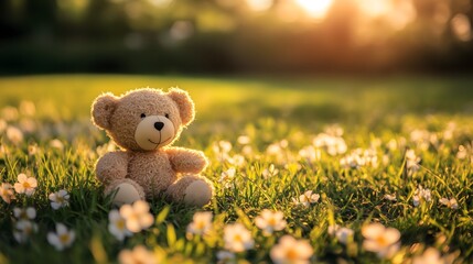 Teddy bear sitting on grass with white flowers at sunset, copy space