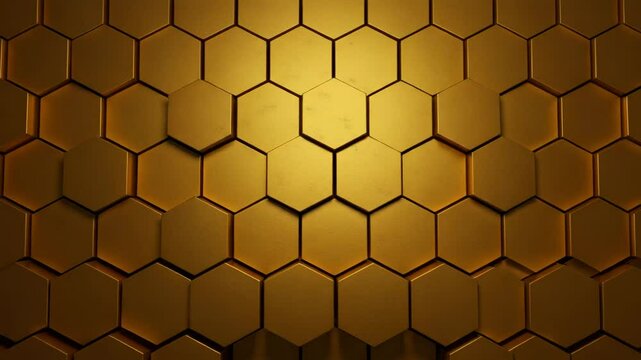 hexagon background video, abstract golden yellow geometric hexagonal 4k seamless loop, corporate technology wallpaper backdrop, Animated wave motion