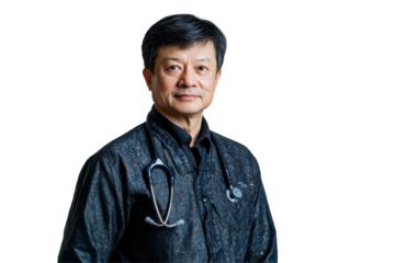 Chinese doctor in medical attire isolated image perfect for clinical presentations or health service branding