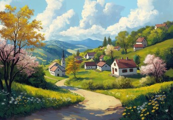 Fototapeta premium Scenic countryside village surrounded by mountains and trees