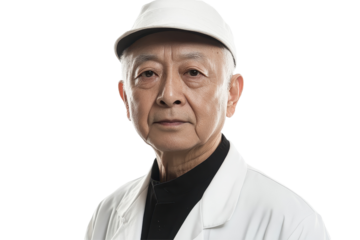 Studio shot of Chinese doctor in lab coat for medical blogs posters or patient education designs