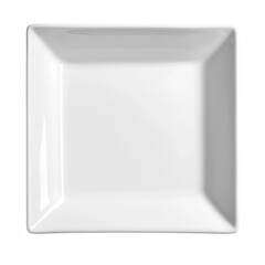 White square ceramic plate viewed from top-down, clean minimalist design with gently sloped edges and glossy surface, ideal for food presentation, isolated on transparent background.
