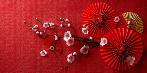 Obraz premium Radiant red paper fans and delicate white flowers create a captivating composition, a vivid spectacle of refined elegance and cultural celebration, a striking image that inspires positivity.