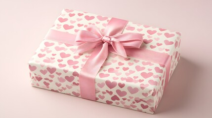 A beautifully wrapped gift, adorned with a charming pink ribbon, exudes an atmosphere of anticipation and warmth. The soft pink and heart pattern adds a touch of romance and elegance.
