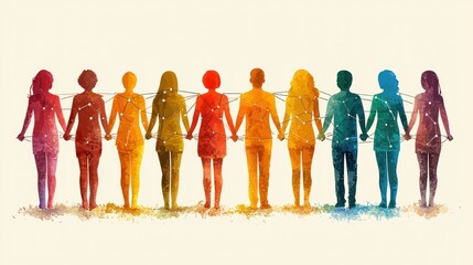 Obraz premium Unity in Diversity: A vibrant watercolor illustration showcasing ten individuals joined together, symbolizing interconnectedness and shared humanity.