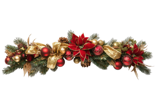 Elegant Christmas garland featuring red and gold ornaments perfect for seasonal packaging or digital decor projects