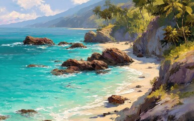 Serene coastal scene with turquoise water lapping against rocky shores, palm trees swaying in the breeze under a sunny sky.