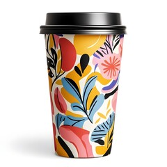 A vibrant coffee cup, adorned with eye-catching floral pattern, sits in isolation, symbolizing morning routines. Its artistic design evokes a sense of style. 