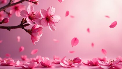 Naklejka premium Pink sakura petals falling on a spring morning, , nature