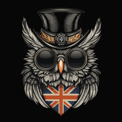 A dramatic silhouette of an owl in a top hat and round glasses featuring the Union Jack design, intricate hatching, high‑contrast monochrome style