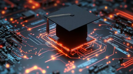 Graduation cap on glowing circuit board: education technology future 