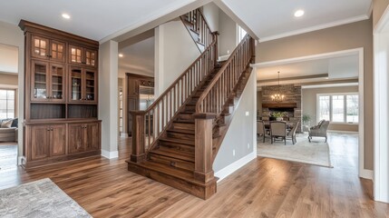 Elegant home foyer featuring a beautiful wooden staircase and built-in cabinetry. Showcase this image to highlight interior design, home improvement, or real estate.