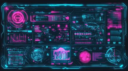 Obraz premium Futuristic holographic UI display with neon pink & cyan glow, floating tech elements, digital grid lines, and cybernetic texture in ultra HD. Perfect for sci-fi, tech, and cyberpunk themes.