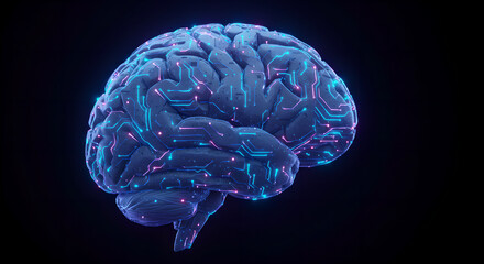 Digital brain with circuit board lines glowing in neon blue and pink, representing artificial intelligence and technology in medicine, concept for research and medical applications.