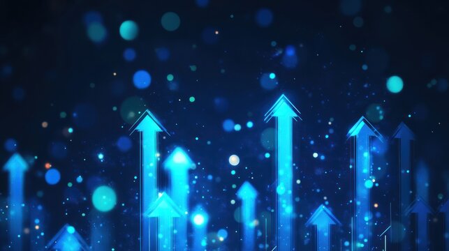 Glowing blue arrows ascend a dark background, symbolizing growth and progress
