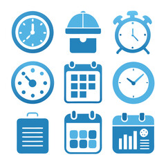 Blue time management vector icons for business and planning