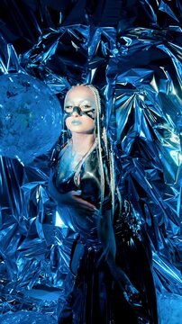 Braided and confident, a silver model evokes alien charm amid a radiant blue set. Her vertical pose and cosmic backdrop blend fantasy, sci-fi, and conceptual fashion into a striking futuristic image.