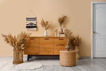 Wooden cabinet with pampas grass, books and decor near beige wall