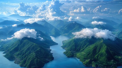 Aerial view of lush green mountains with clouds over a serene lake