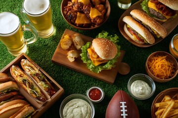 A delightful overhead shot captures a spread of tempting burgers, savory snacks, and refreshing beers, ready for an enjoyable game day.