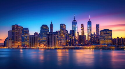 Fototapeta premium Stunning skyline of vibrant city at dusk with illuminated buildings reflecting in water