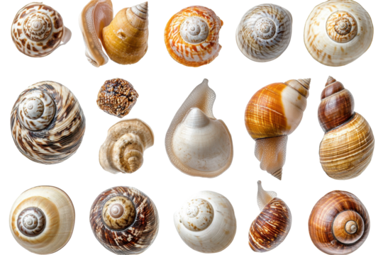 A natural collection of snails with shells displaying earthy tones and delicate spiral shell shapes