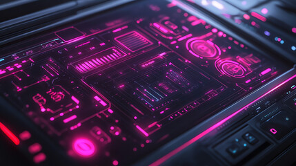 Futuristic holographic UI display with neon pink & cyan glow, floating tech elements, digital grid lines, and cybernetic texture in ultra HD. Perfect for sci-fi, tech, and cyberpunk themes.