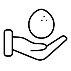 This is a simple line drawing of a hand gently holding an oval shape, possibly an egg or a small object. The hand is open with the palm facing upwards, supporting the object. The oval has three small 