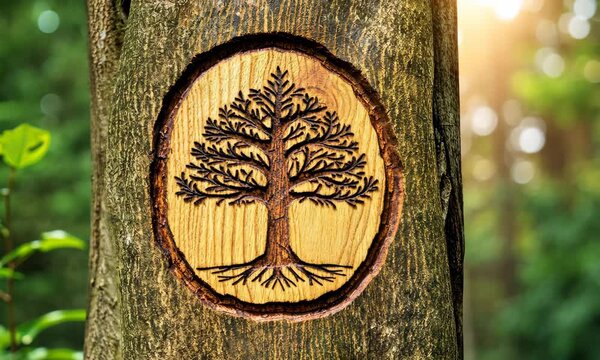 Intricately carved tree symbol on in sunny forest