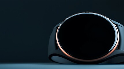 A round smartwatch face is centered on a sleek band against a deep teal background