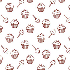 Monochrome Seamless Pattern With Cupcakes For Bakery Prints And Decor Vector.
