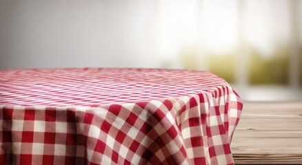 Red checkered tablecloth on wooden table (15)