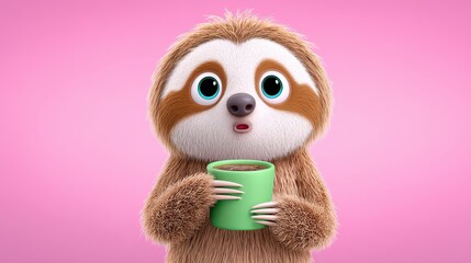 Fototapeta premium Adorable Fluffy Sloth Holding Green Mug Pink Background
